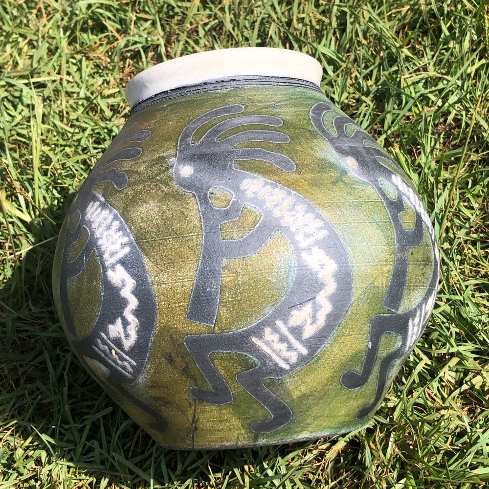 Studio Art Raku Pottery Vase 8.5” Tall By Jeremy Diller Kokopelli, Fertility